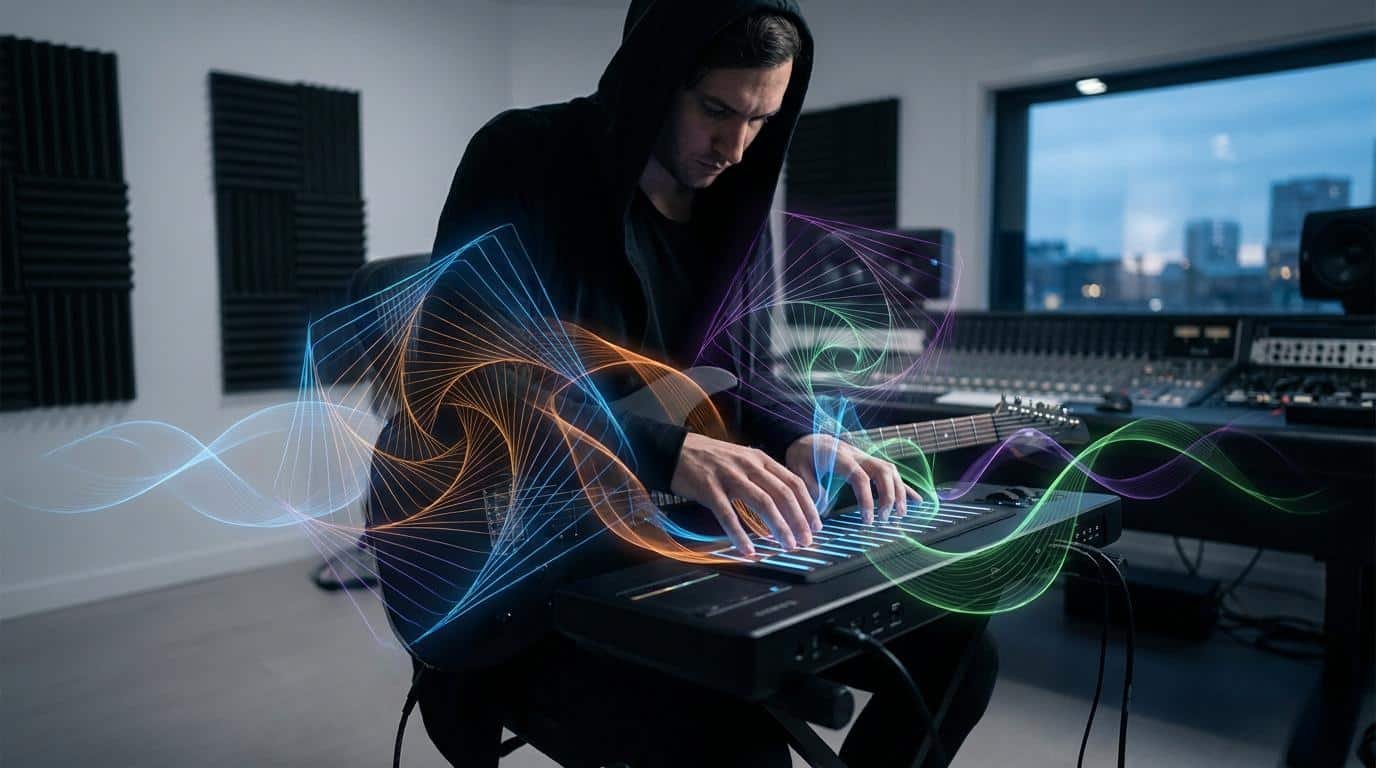 Maîtriser les modes grecs en solo Musicien en sweat à capuche jouant sur un contrôleur MIDI avec des ondes sonores abstraites et lumineuses.