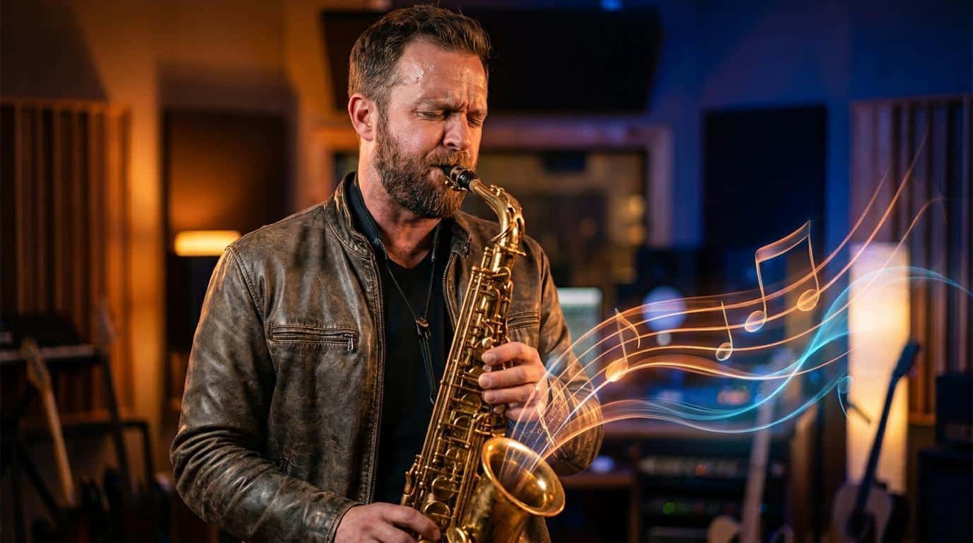 Un saxophoniste barbu joue avec passion dans un studio, avec des notes de musique lumineuses sortant de l'instrument.