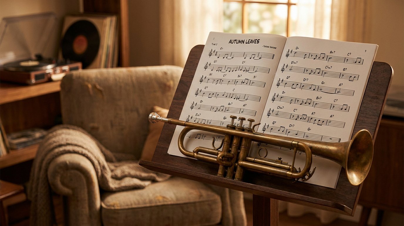 Apprendre le jazz : trompette et partitions Une trompette posée sur un pupitre avec la partition du standard de jazz Autumn Leaves dans un salon chaleureux.