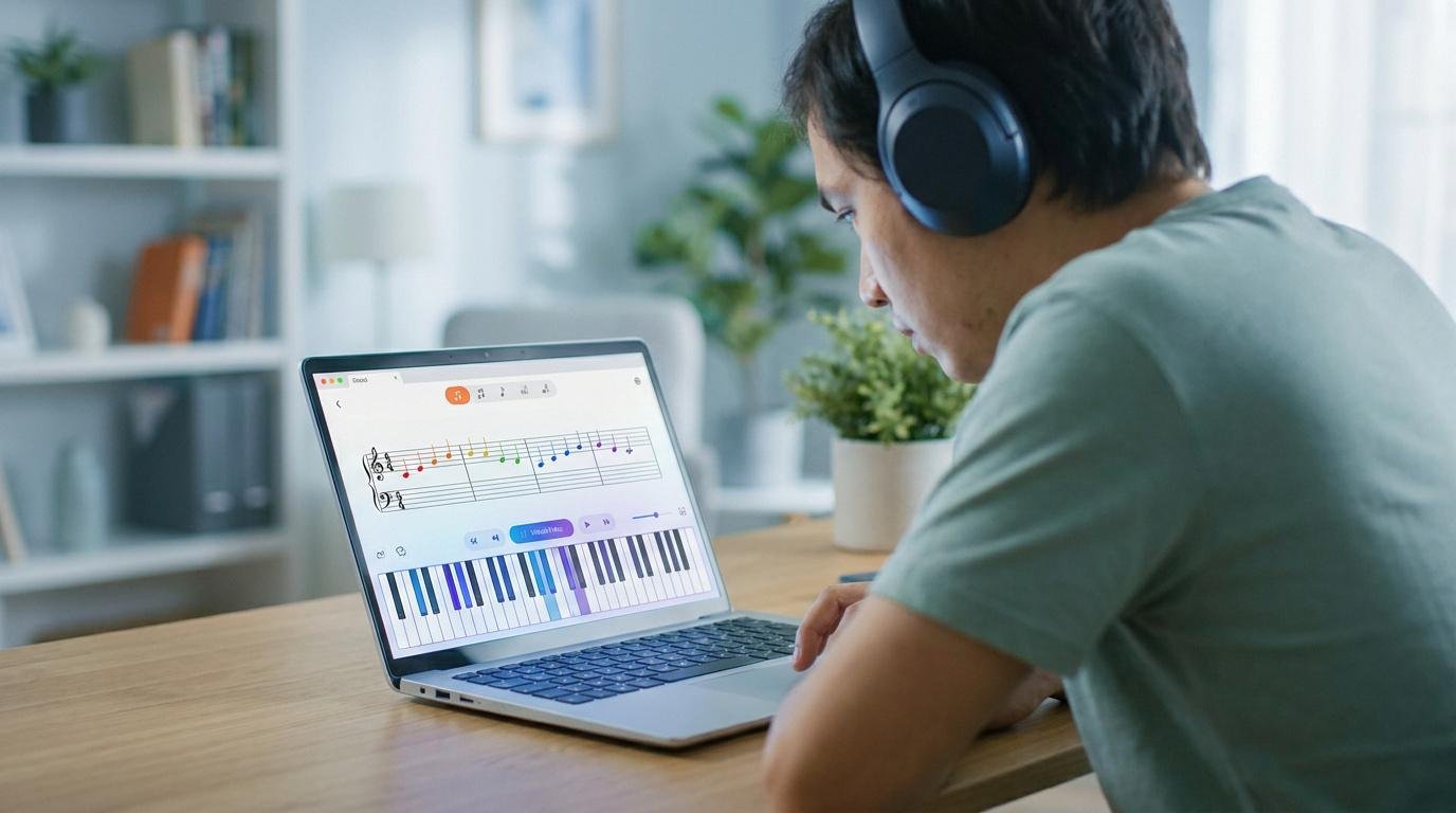 Apprendre le solfège sur ordinateur Un jeune homme portant un casque audio apprend le solfège devant son ordinateur portable à la maison.