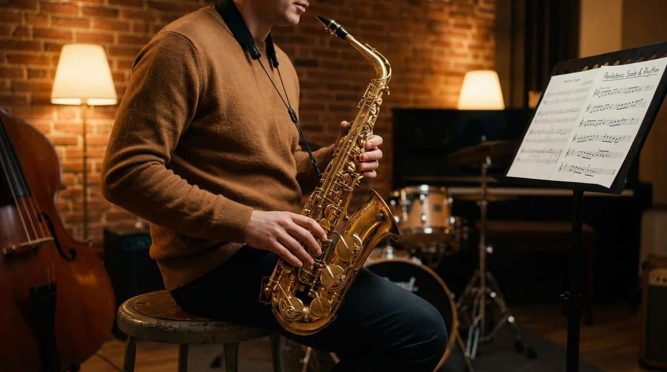 Apprendre l’improvisation au saxophone Un musicien assis joue du saxophone dans un studio avec une partition sur un pupitre devant lui.