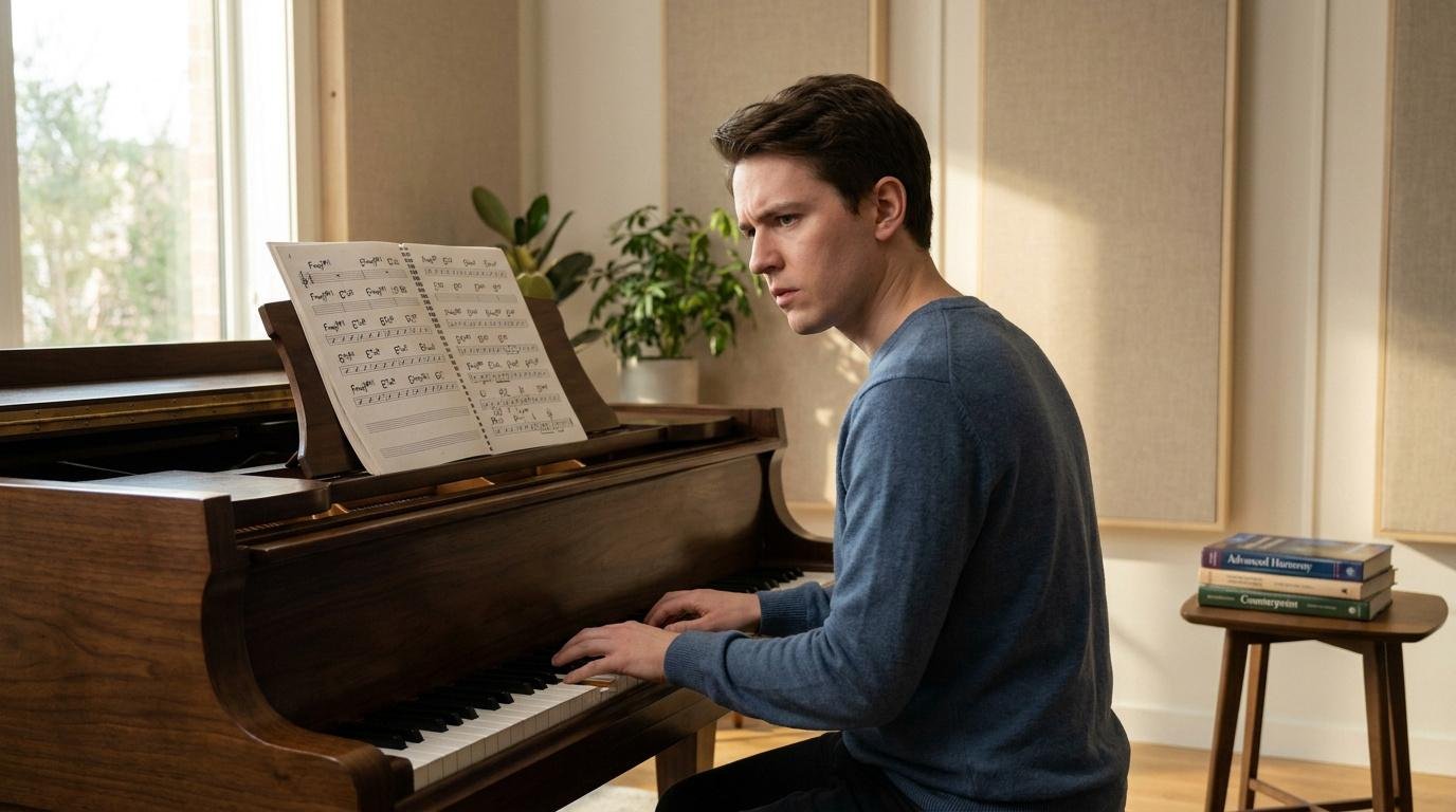 Étudiant travaillant l’harmonie musicale au piano Un jeune homme concentrĂ© joue du piano devant une partition d'harmonie musicale dans un studio lumineux.