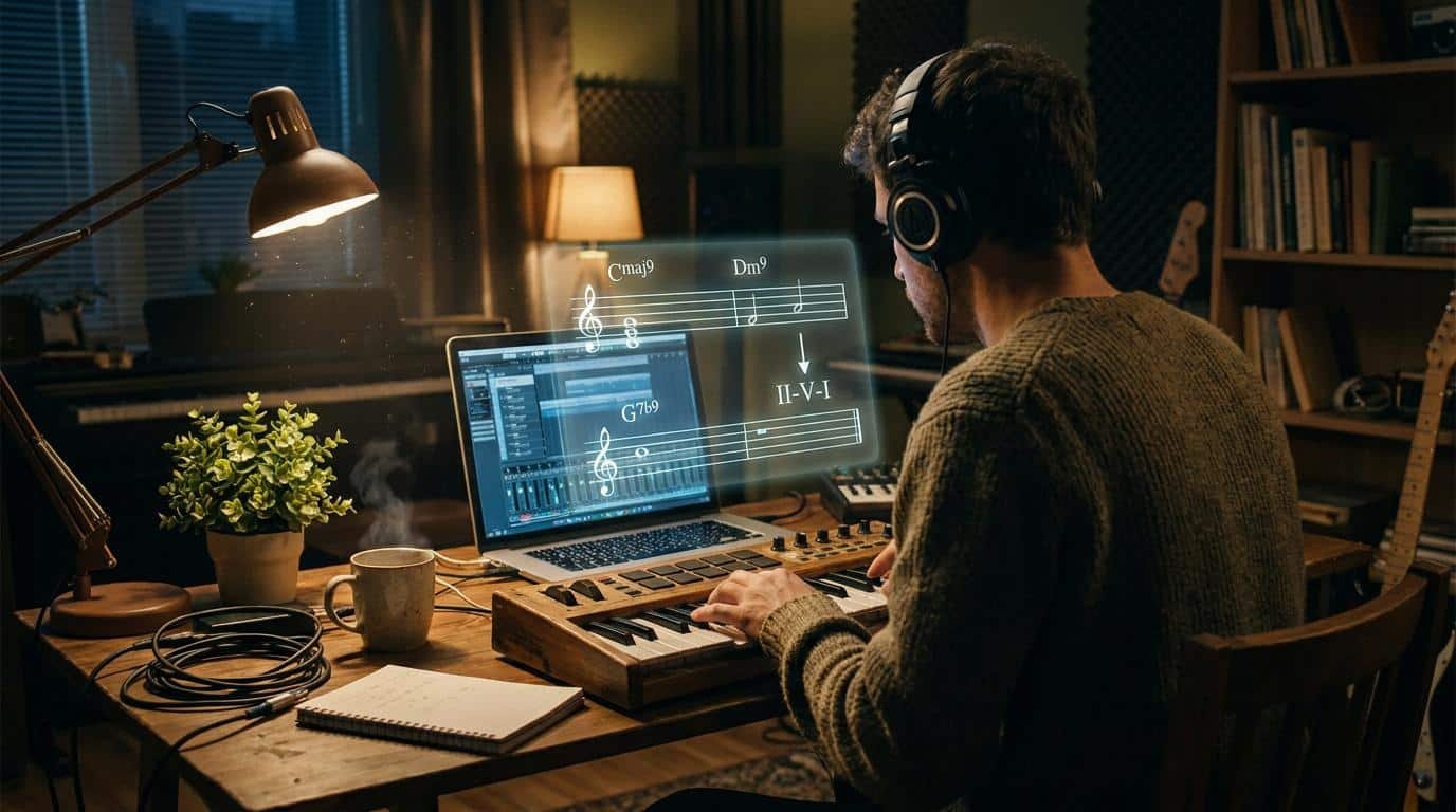 Apprendre la théorie musicale pour le lo-fi hip hop Un musicien compose du lo-fi sur un clavier maître avec des partitions holographiques affichant une progression d'accords.