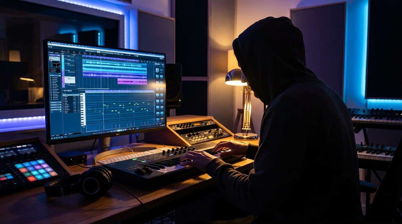 Beatmaking en studio : choisir le bon équipement Un beatmaker en sweat à capuche travaillant sur un clavier maître dans un studio de musique sombre éclairé en bleu.