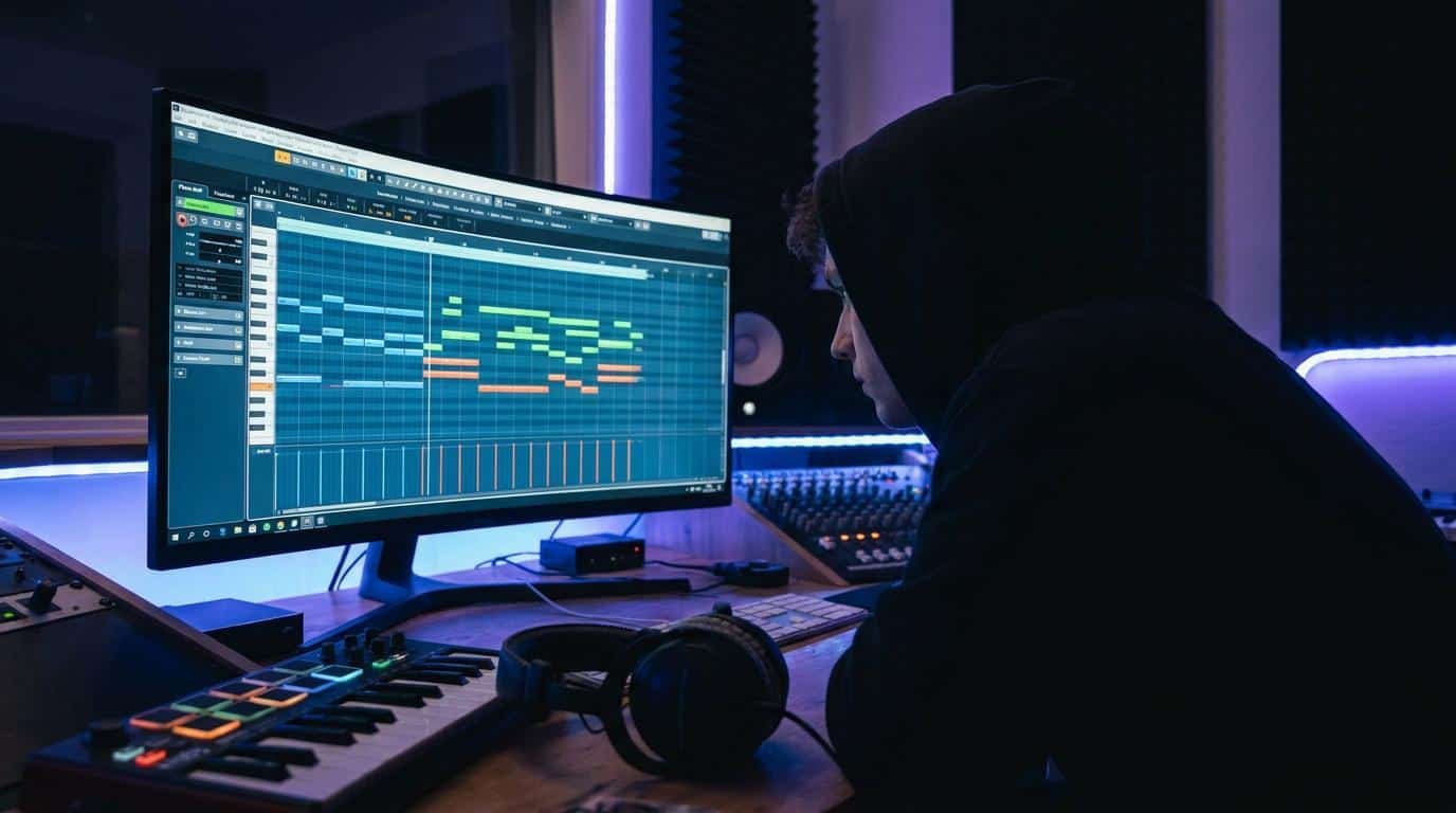 Apprendre l’harmonie musicale sans solfège Beatmaker en hoodie travaillant sur une composition musicale dans un home studio éclairé par des néons bleus.