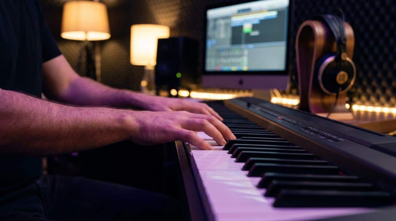 Composer au piano : progressions Neo Soul Mains d'un musicien jouant d'un clavier numérique dans un home studio avec éclairage tamisé.