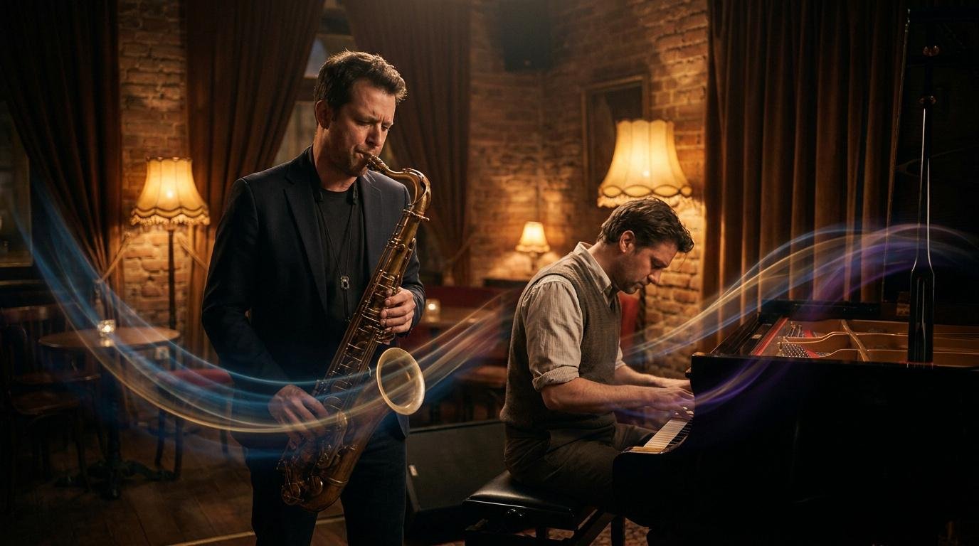 Duo de jazz en pleine improvisation Un saxophoniste et un pianiste jouent dans un club de jazz chaleureux avec des traînées de lumière artistique.