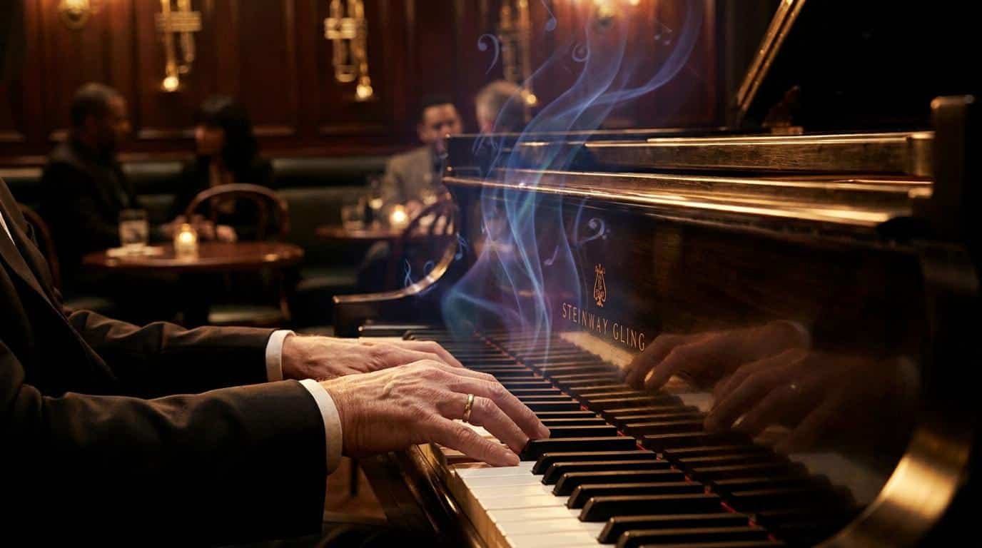 Improviser sur Blue Bossa au piano Un pianiste joue du jazz sur un piano à queue dans un club sombre, avec des volutes de fumée bleutée et des notes musicales.