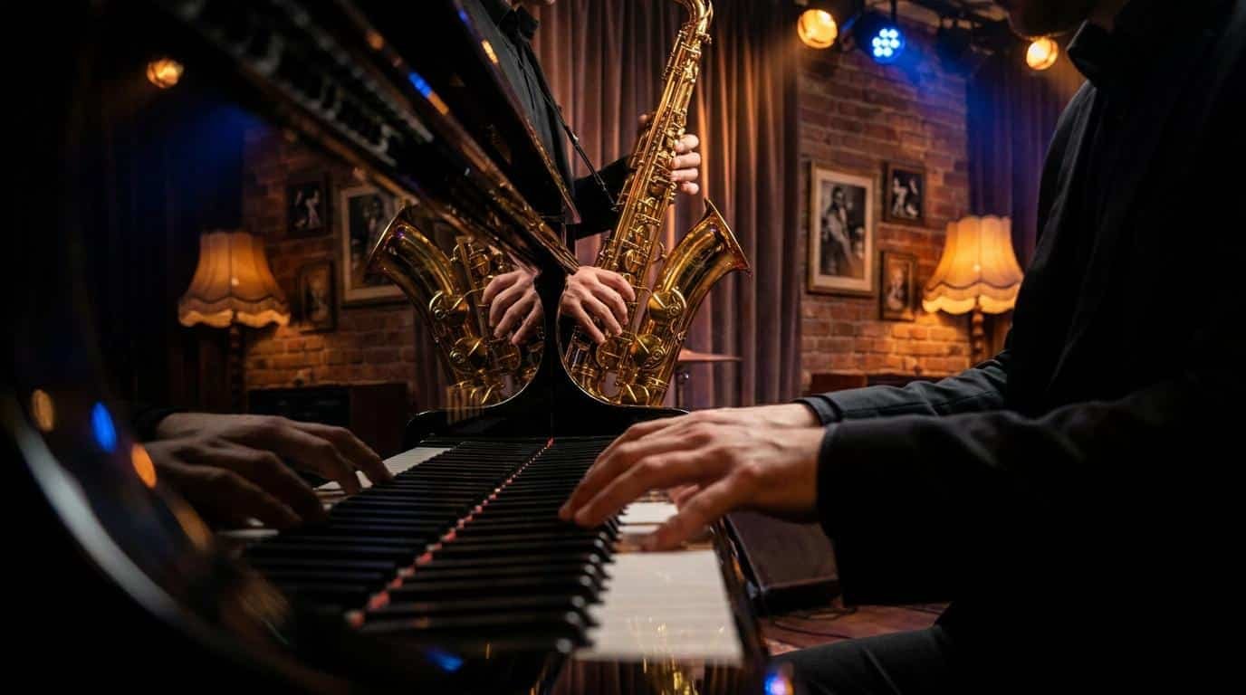 Improvisation jazz sur So What Un musicien joue du piano tandis qu'un saxophoniste se reflète dans le couvercle verni de l'instrument.