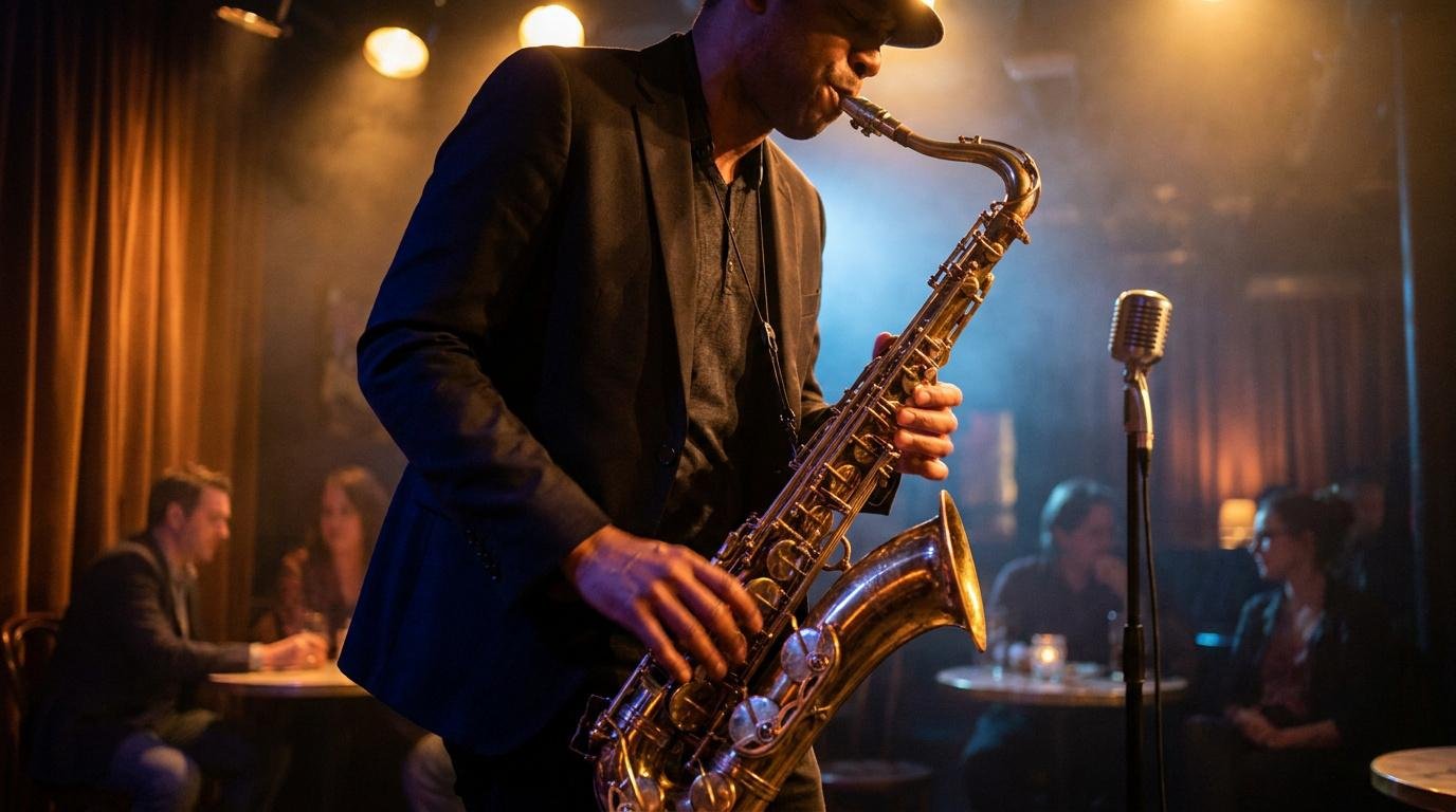 Maîtriser le rythme jazz au saxophone Un saxophoniste jouant sur scène dans un club de jazz intimiste et tamisé.