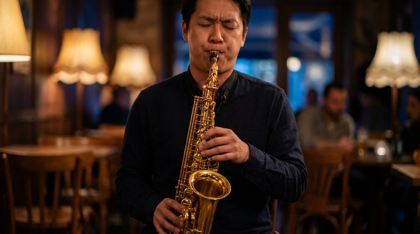 Saxophoniste jouant dans une ambiance jazz feutrée Un musicien asiatique joue du saxophone alto avec passion dans un café à l'éclairage tamisé et chaleureux.