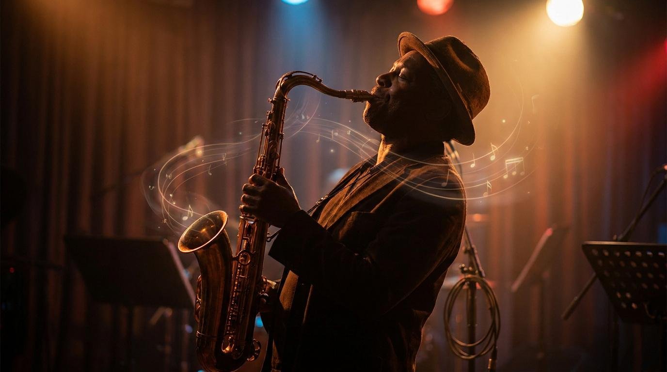 Chanter pour mieux improviser au saxophone Un saxophoniste de jazz jouant sur scène avec des notes de musique flottant autour de lui.