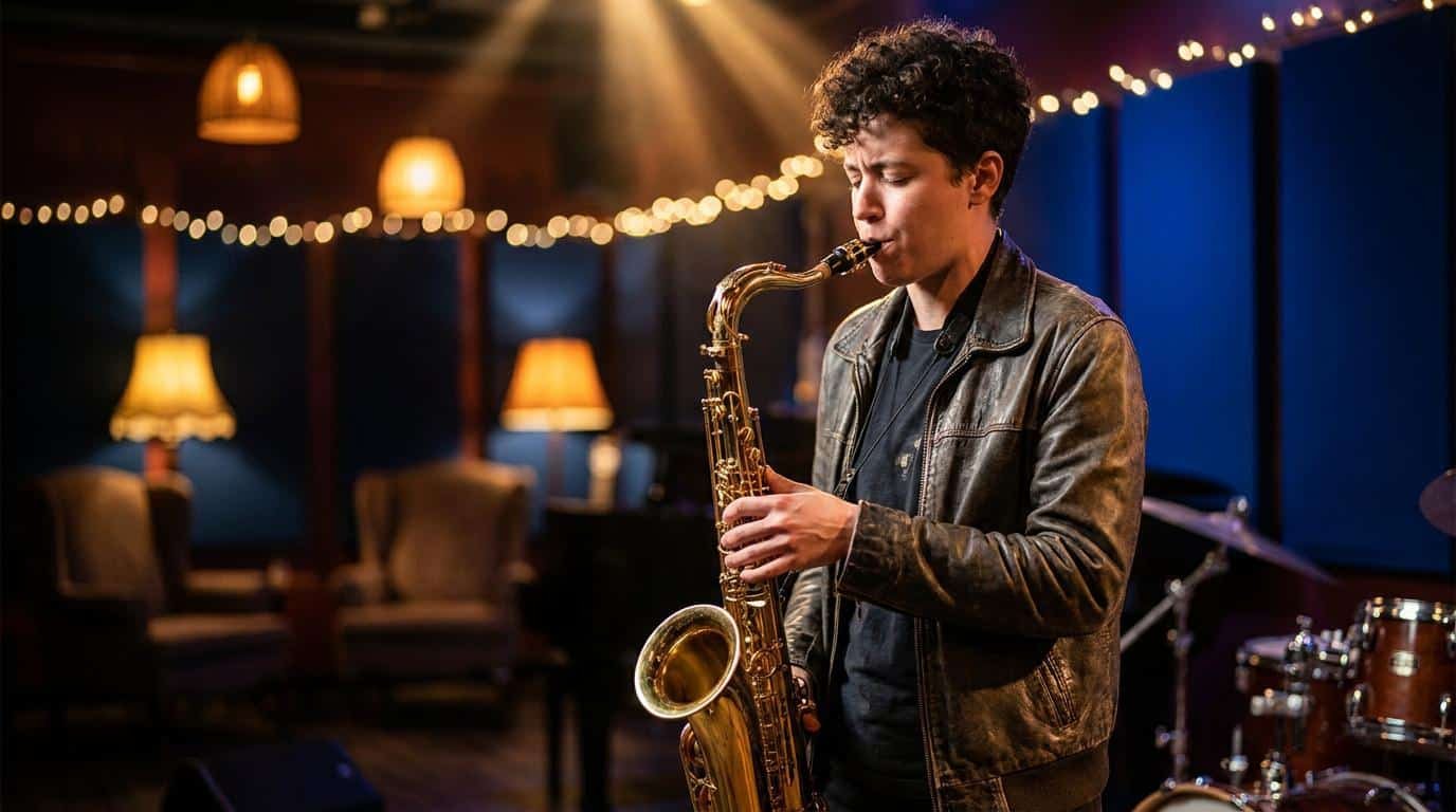 Improviser sur Summertime au saxophone Un musicien aux cheveux bouclés joue du saxophone ténor dans un club de jazz à l'ambiance feutrée et chaleureuse.