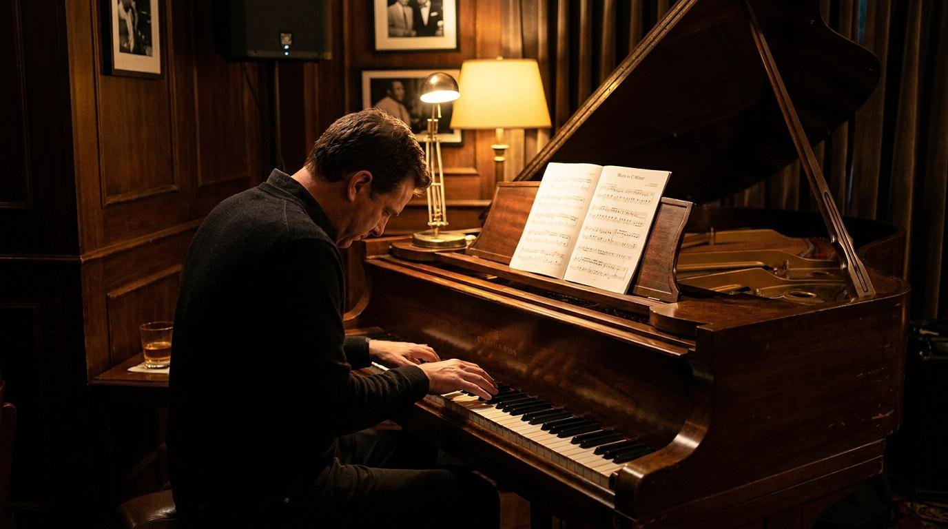 Apprendre le piano jazz blues Un pianiste joue du jazz sur un piano à queue dans un cadre feutré avec une partition.