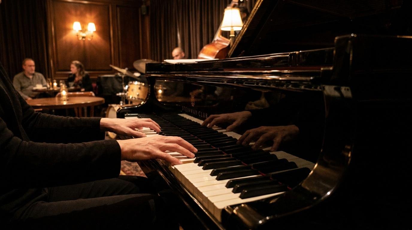 Maîtriser les voicings jazz au piano Gros plan sur les mains d'un pianiste jouant sur un piano à queue dans un club de jazz feutré.