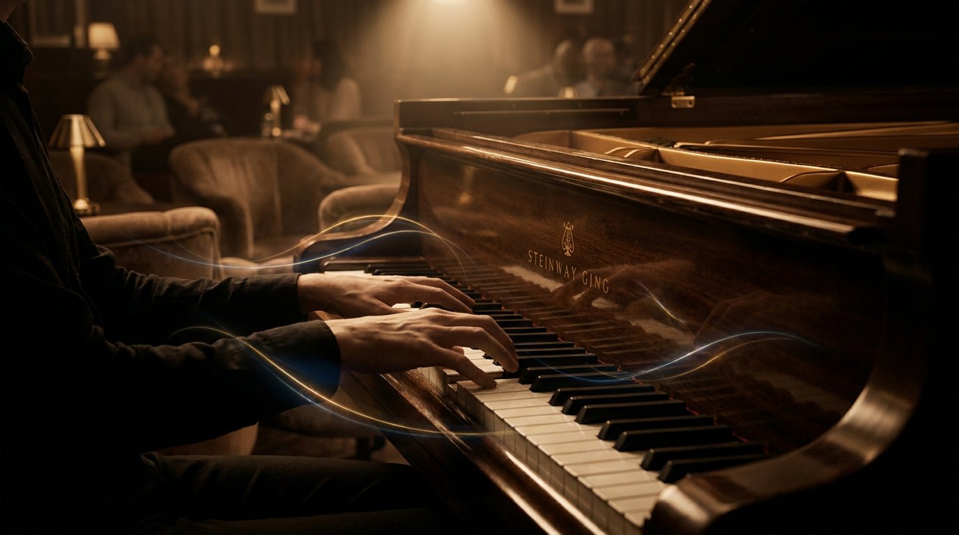 Maîtriser la gamme pentatonique au piano jazz Gros plan sur les mains d'un pianiste jouant sur un piano à queue dans une ambiance de club de jazz feutrée.