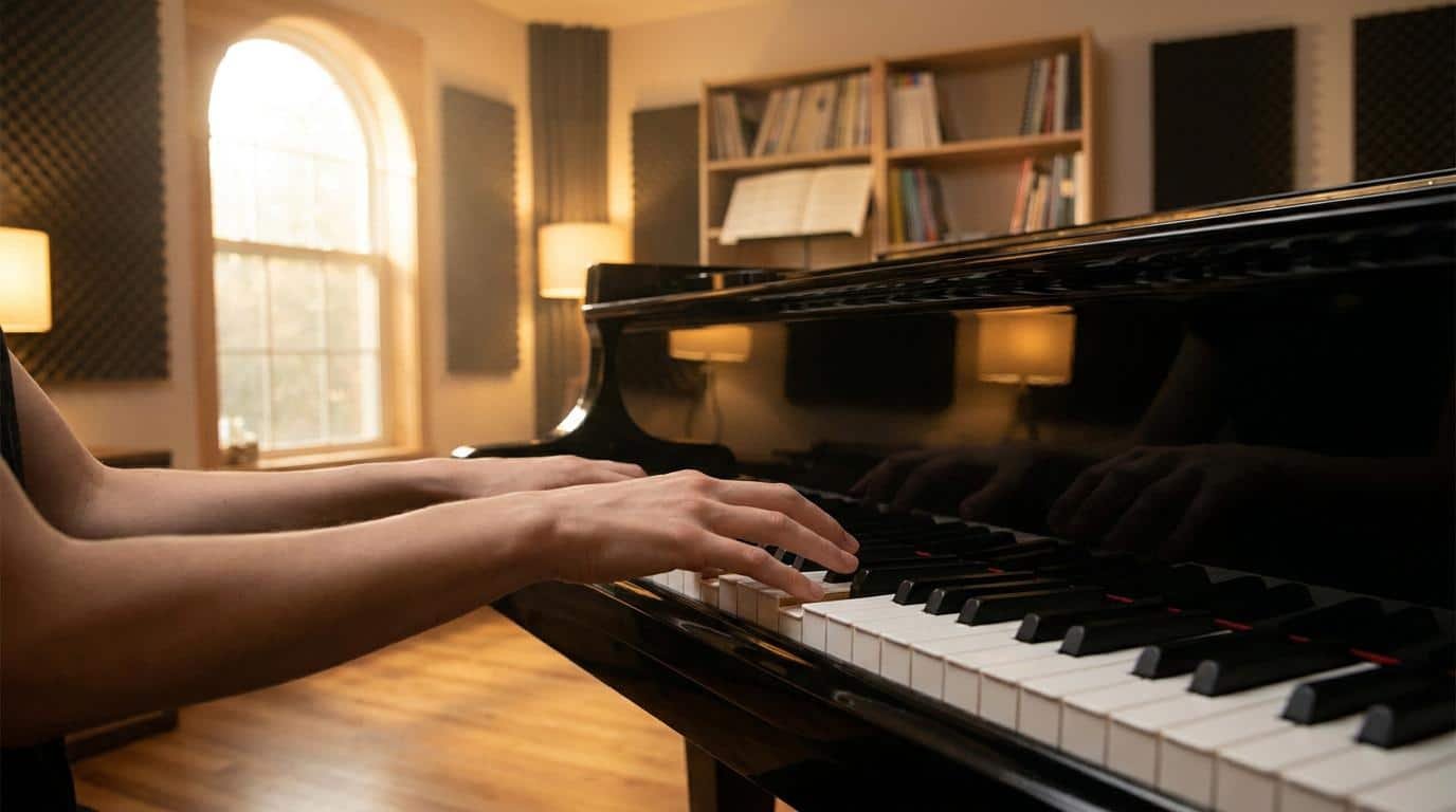 Débuter l’improvisation au piano Gros plan sur les mains d'un pianiste jouant sur un piano à queue dans un studio lumineux.