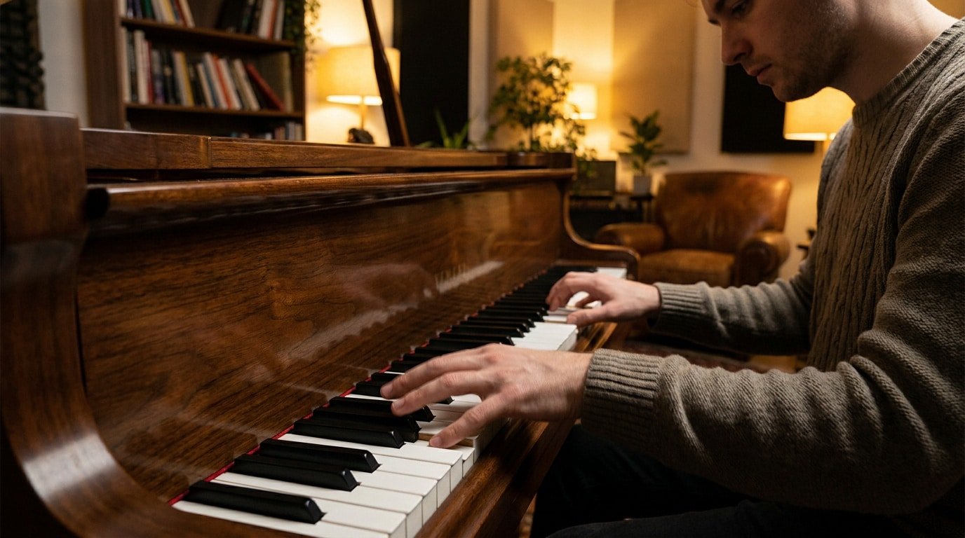 Maîtriser le walking bass au piano jazz Un pianiste jouant une ligne de walking bass sur un piano à queue dans un salon chaleureux et éclairé.