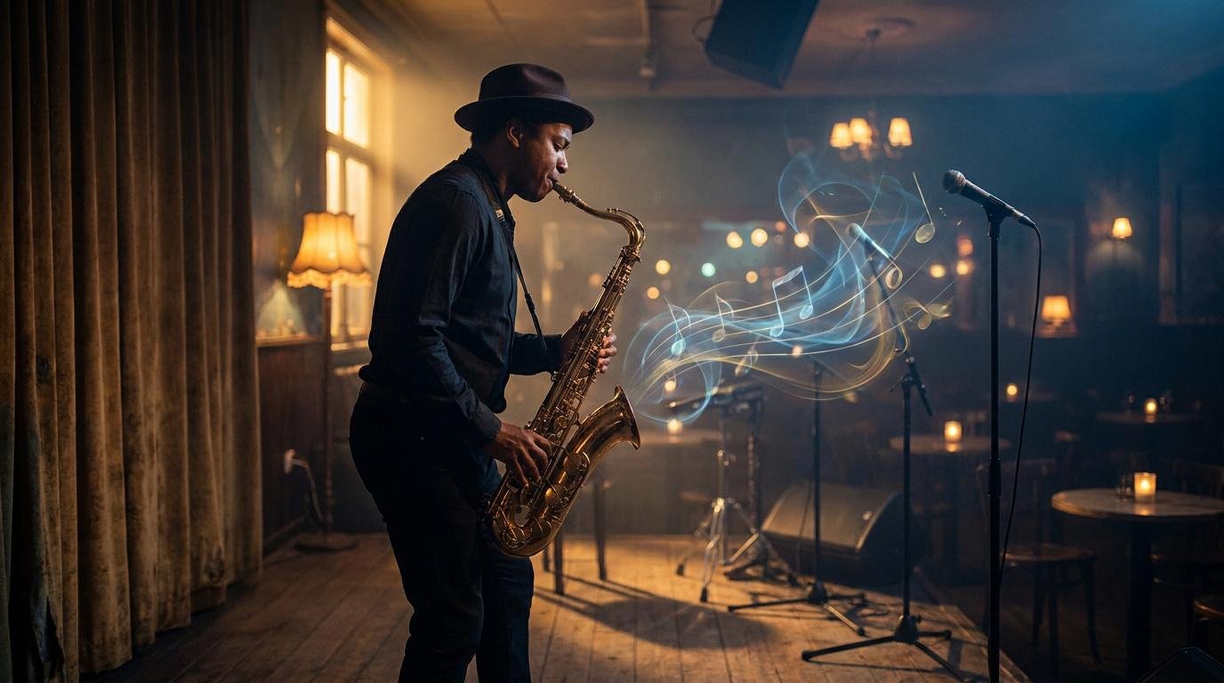 Improvisation jazz sur Take Five Un saxophoniste jouant sur scène avec des notes de musique lumineuses sortant de son instrument dans un club de jazz.