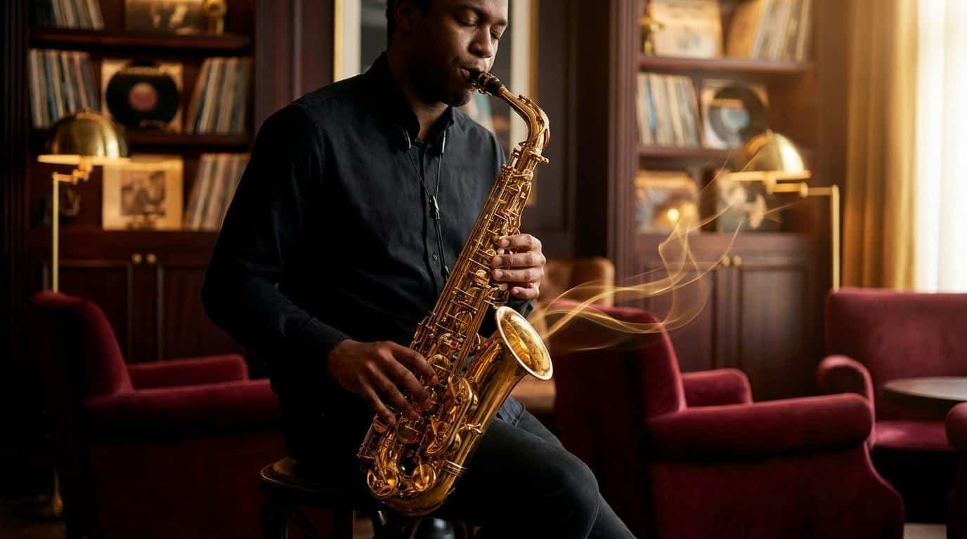 Improvisation jazz : All The Things You Are Un saxophoniste jouant dans une ambiance feutrée avec de la musique symbolisée par des volutes dorées sortant du pavillon.