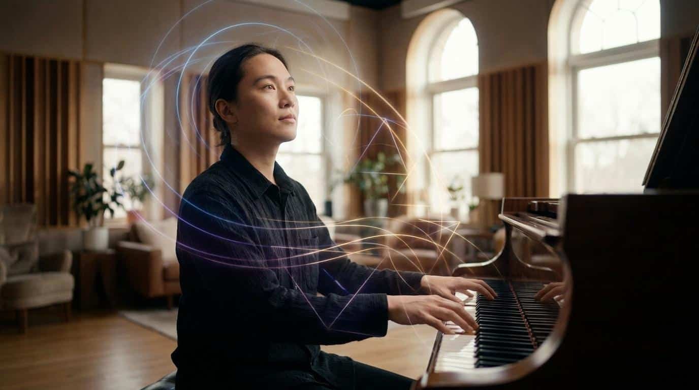 Mémoriser une grille de jazz au piano Un pianiste joue avec concentration, entouré de lignes lumineuses abstraites illustrant le processus mental de mémorisation.