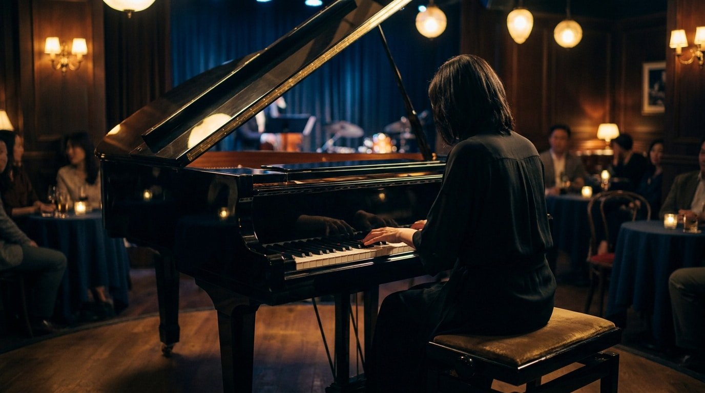 Improvisation jazz : Fly Me to the Moon au piano Pianiste jouant d'un piano à queue dans un club de jazz intimiste devant un public attablé.