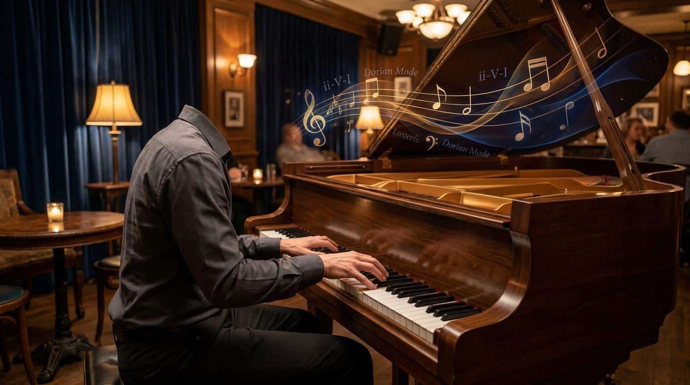 Improvisation jazz au piano Un pianiste sans tête joue sur un piano à queue avec des notes de musique flottantes et des indications théoriques jazz.