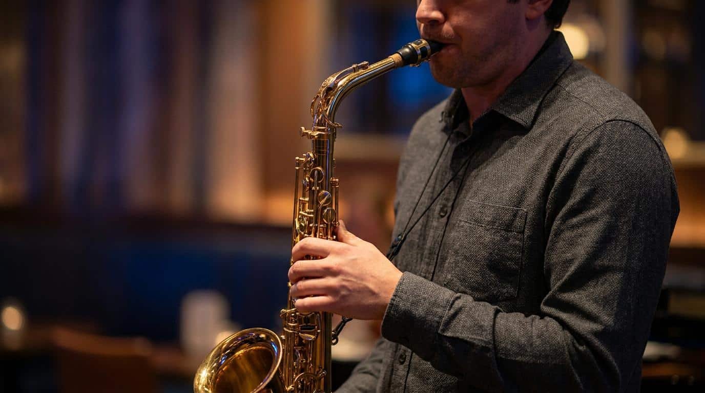 Maîtriser le son au saxophone jazz Un musicien jouant du saxophone ténor dans une ambiance tamisée.