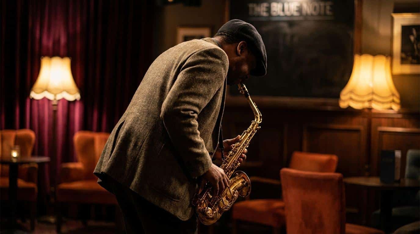 Improvisation au saxophone sur Autumn Leaves Un saxophoniste portant une casquette et une veste en tweed joue dans un club de jazz sombre appelé The Blue Note.