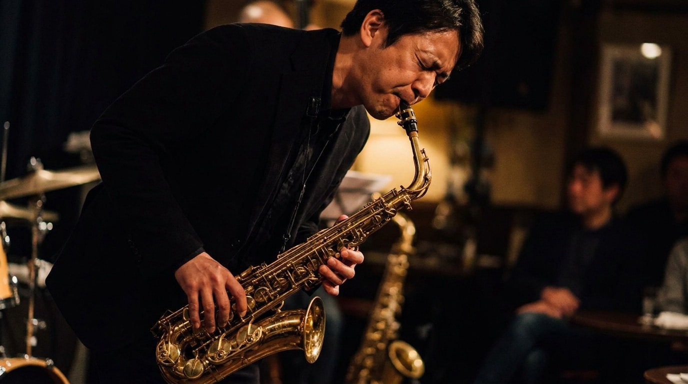 Maîtriser le registre suraigu au saxophone jazz Un saxophoniste jazz concentré joue intensément dans un club sombre, ses mains sur les touches de son saxophone en cuivre.