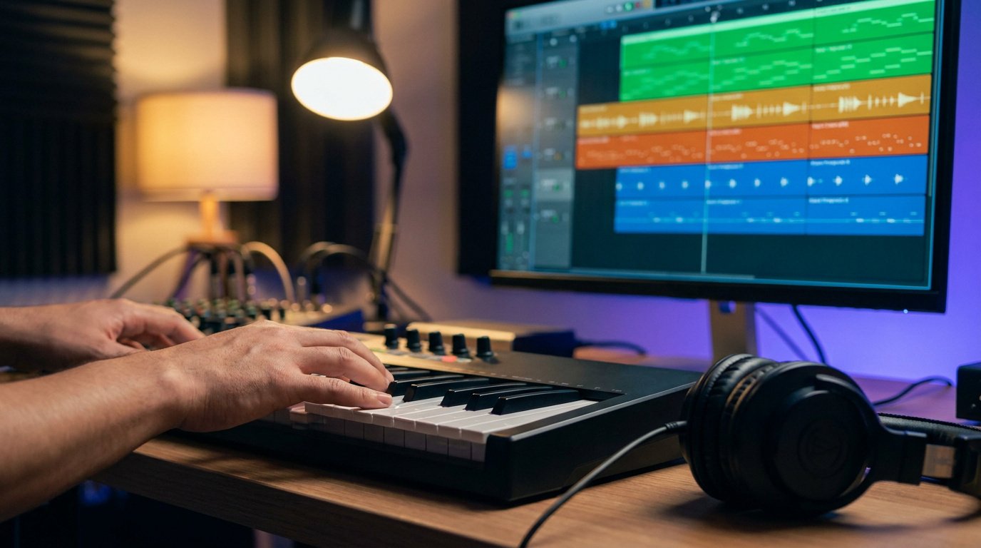 Création de progressions d’accords pour le beatmaking Un producteur jouant d'un clavier MIDI devant un écran affichant un logiciel de production musicale (DAW).