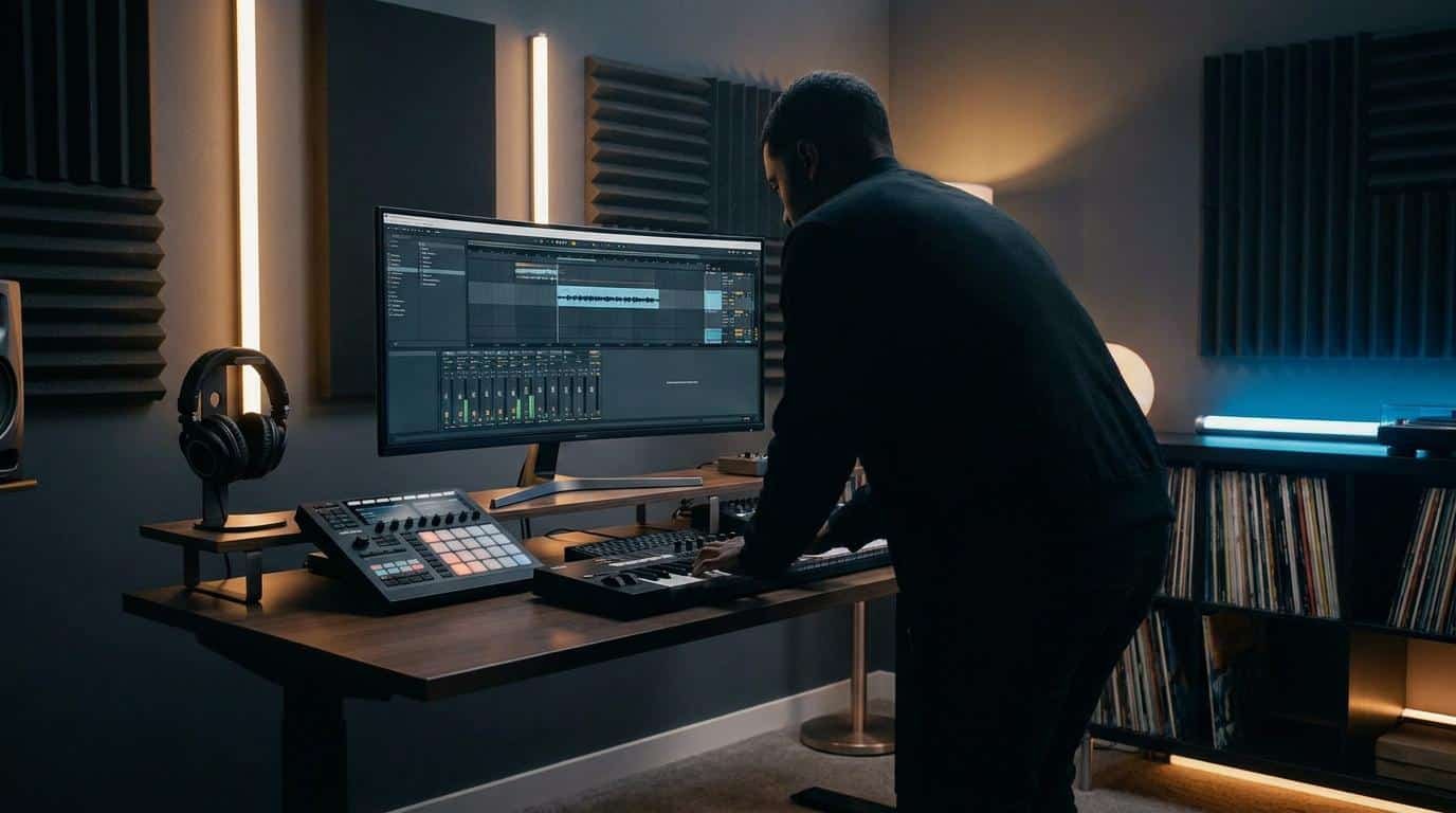 Progressions d’accords jazz : enrichissez vos prods Un producteur de musique compose des accords jazz sur un clavier MIDI dans un studio équipé d'un écran large.