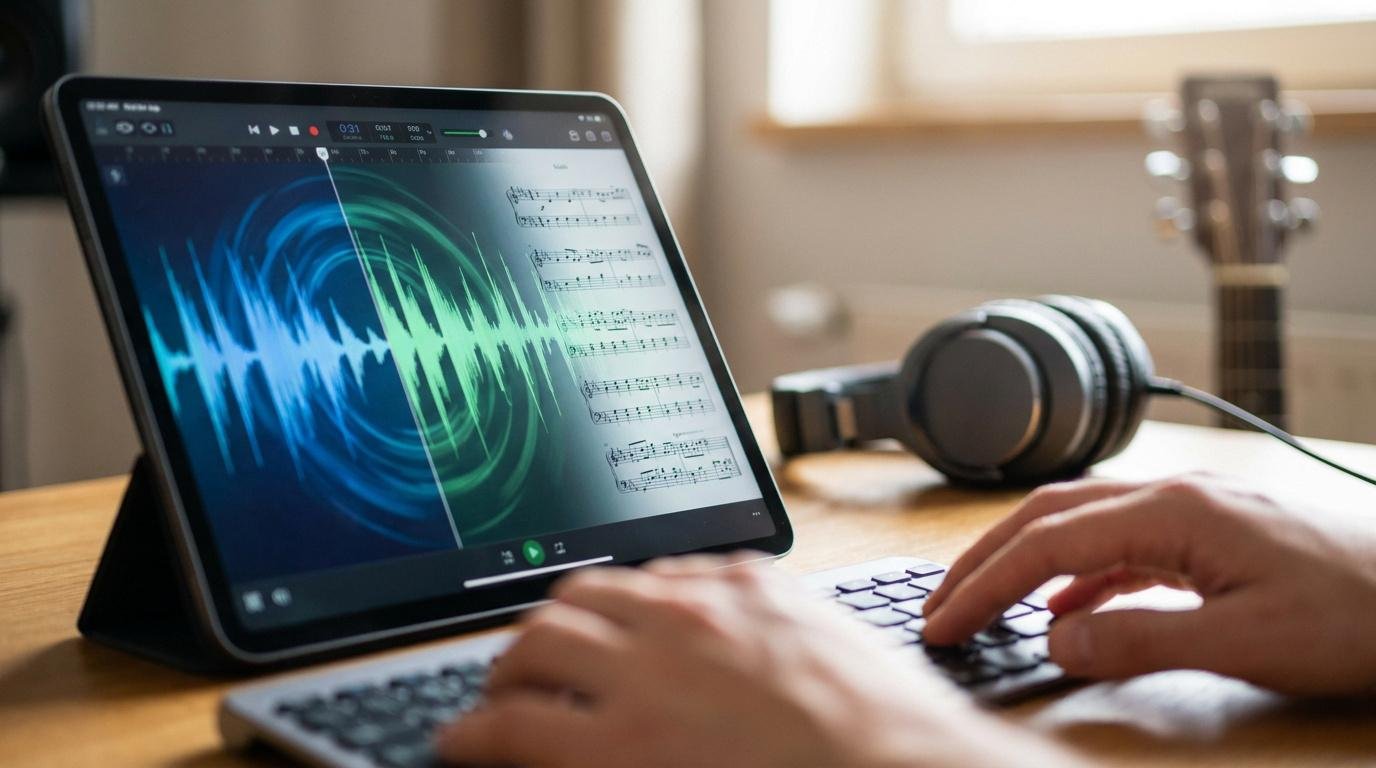 Logiciels pour transcrire la musique Une tablette affichant une application de transcription musicale avec une onde sonore et une partition, utilisée par un humain.
