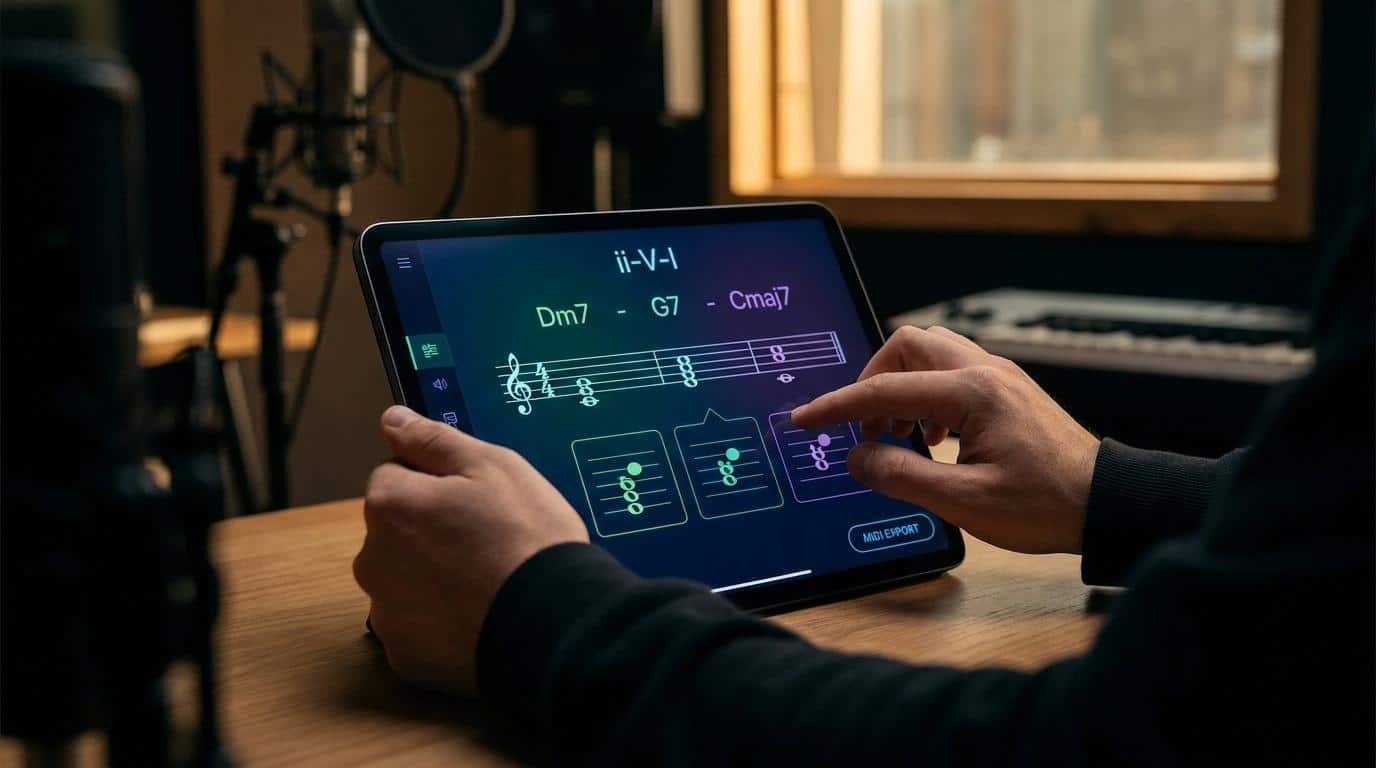 Générateur de suites d’accords jazz sur tablette Personne utilisant une application musicale sur tablette pour composer une progression d'accords jazz ii-V-I.