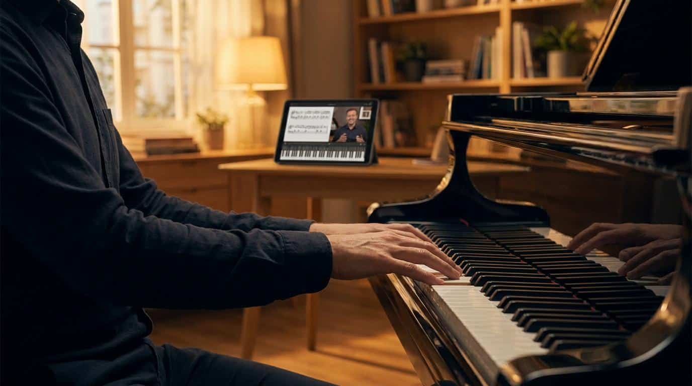 Apprendre le piano jazz en ligne Un pianiste joue sur un piano à queue en suivant un cours en ligne sur une tablette posée sur un bureau.
