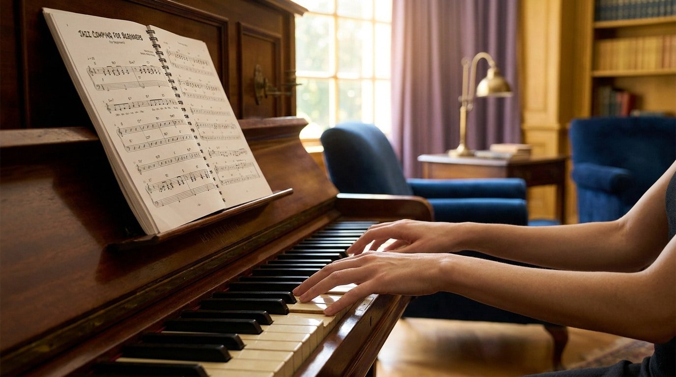 Apprendre le piano jazz : technique du comping Mains d'un pianiste jouant sur un piano droit avec une partition de jazz intitulée Jazz Comping for Beginners.
