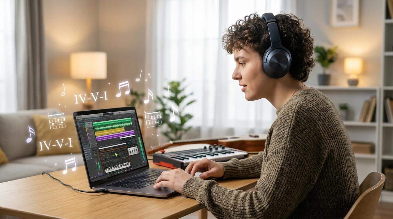 Apprendre l’harmonie musicale en ligne Une personne avec un casque audio travaille sur l'harmonie musicale sur un ordinateur portable dans un salon lumineux.