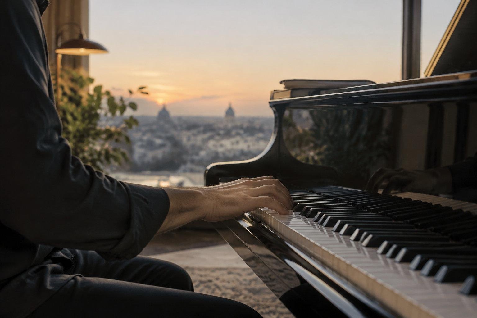 Maîtriser l’accompagnement au piano jazz Un pianiste joue d'un piano à queue face à une vue panoramique urbaine au coucher du soleil.