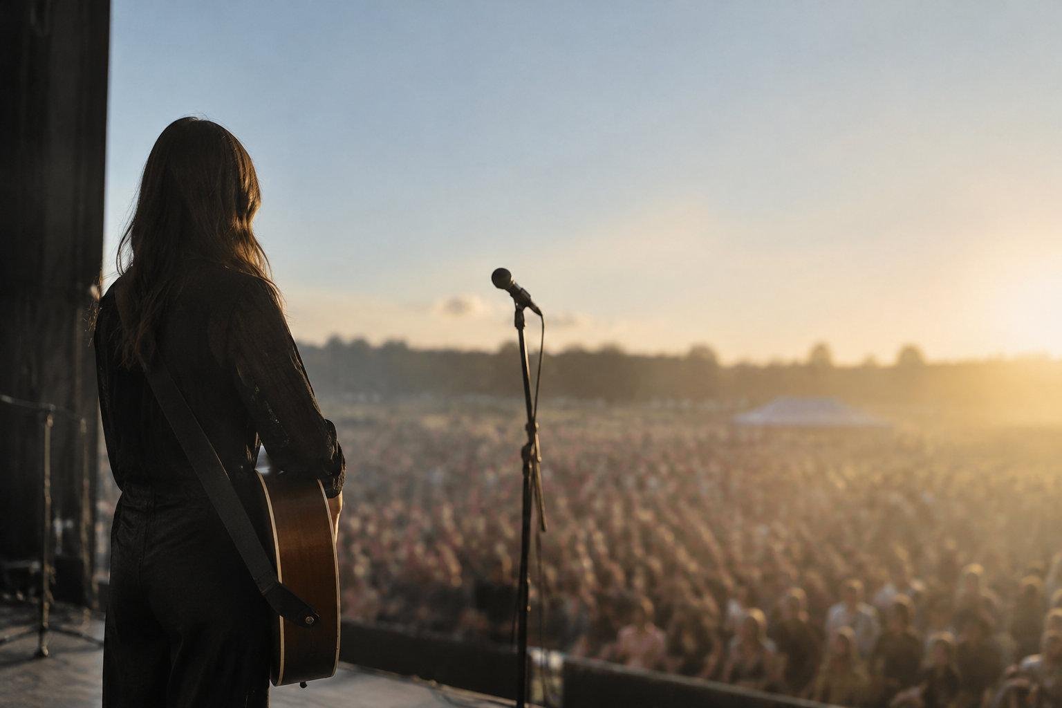 Surmonter le trac : faire face Ă la foule Une musicienne de dos, guitare Ă la main, face Ă une immense foule lors d'un concert en plein air au coucher du soleil.