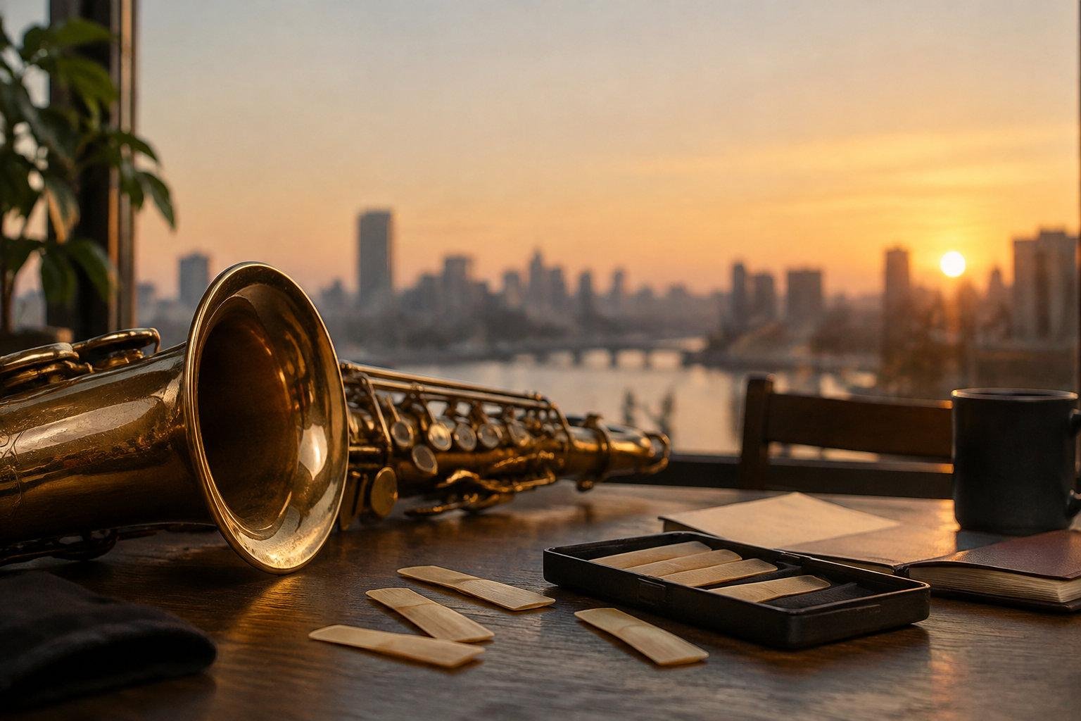 Choisir ses anches de saxophone pour un son jazz pro Saxophone posé sur une table devant une fenêtre avec vue sur une ville au coucher du soleil et des anches étalées.