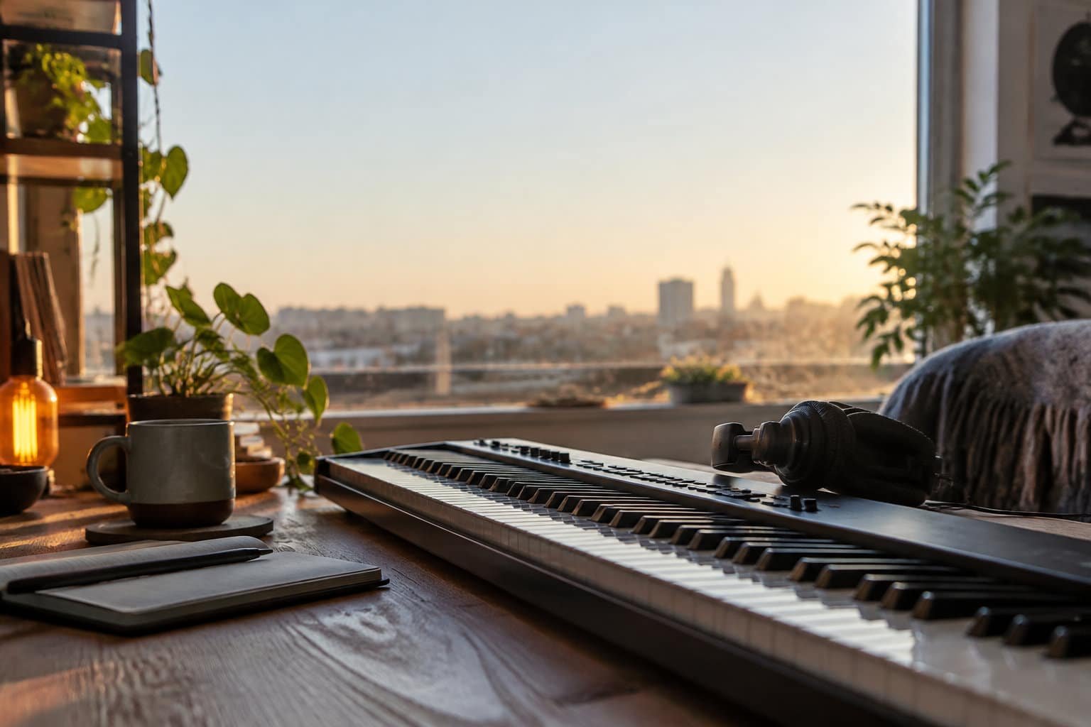 Composer une mélodie lo-fi au coucher du soleil Un clavier maître sur un bureau devant une fenêtre avec vue sur une ville au coucher du soleil.
