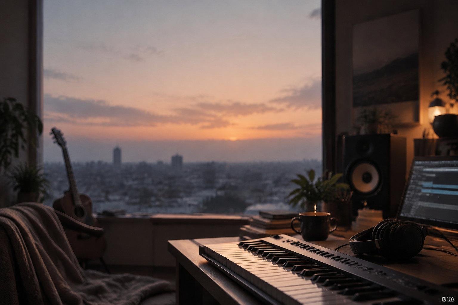 Studio de musique mélancolique au coucher du soleil Un clavier maître et une guitare dans un home studio avec une vue panoramique sur la ville lors d'un coucher de soleil.