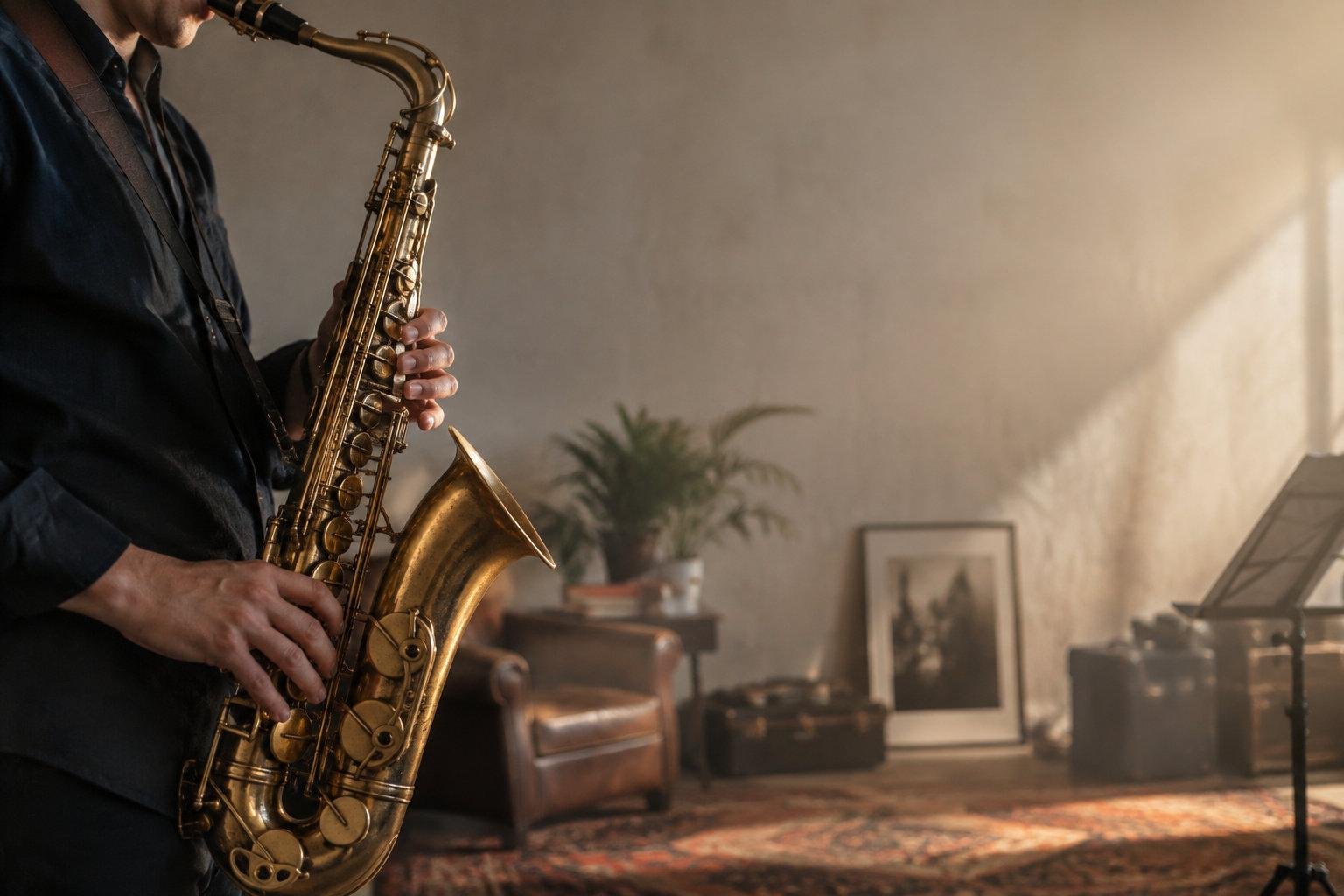 MaĂ®triser l’embouchure au saxophone jazz Musicien jouant du saxophone dans une pièce lumineuse au style vintage.