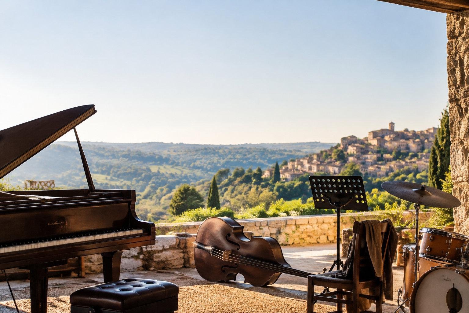 Stage d’improvisation jazz en France en 2026 Instruments de musique jazz installés sur une terrasse ensoleillée surplombant un village pittoresque en France.