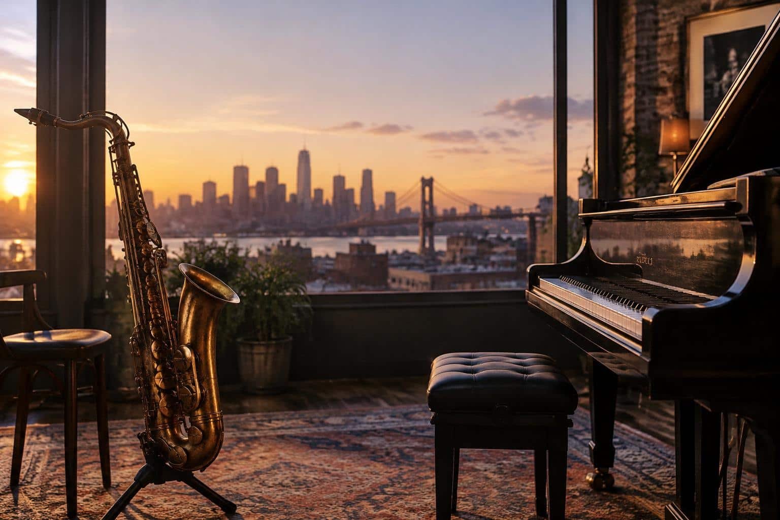 Improvisation jazz face Ă la skyline de New York Un saxophone sur pied et un piano Ă queue dans un salon avec vue panoramique sur le coucher de soleil Ă New York.