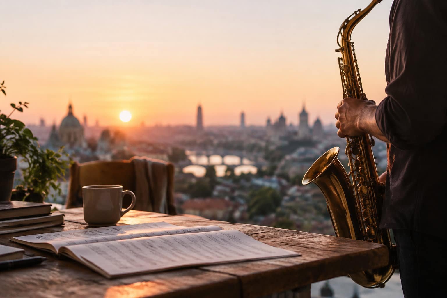 Improviser sur All of Me au saxophone au coucher du soleil Un musicien tient un saxophone à côté d'une partition ouverte et d'une tasse de café face à un coucher de soleil urbain.