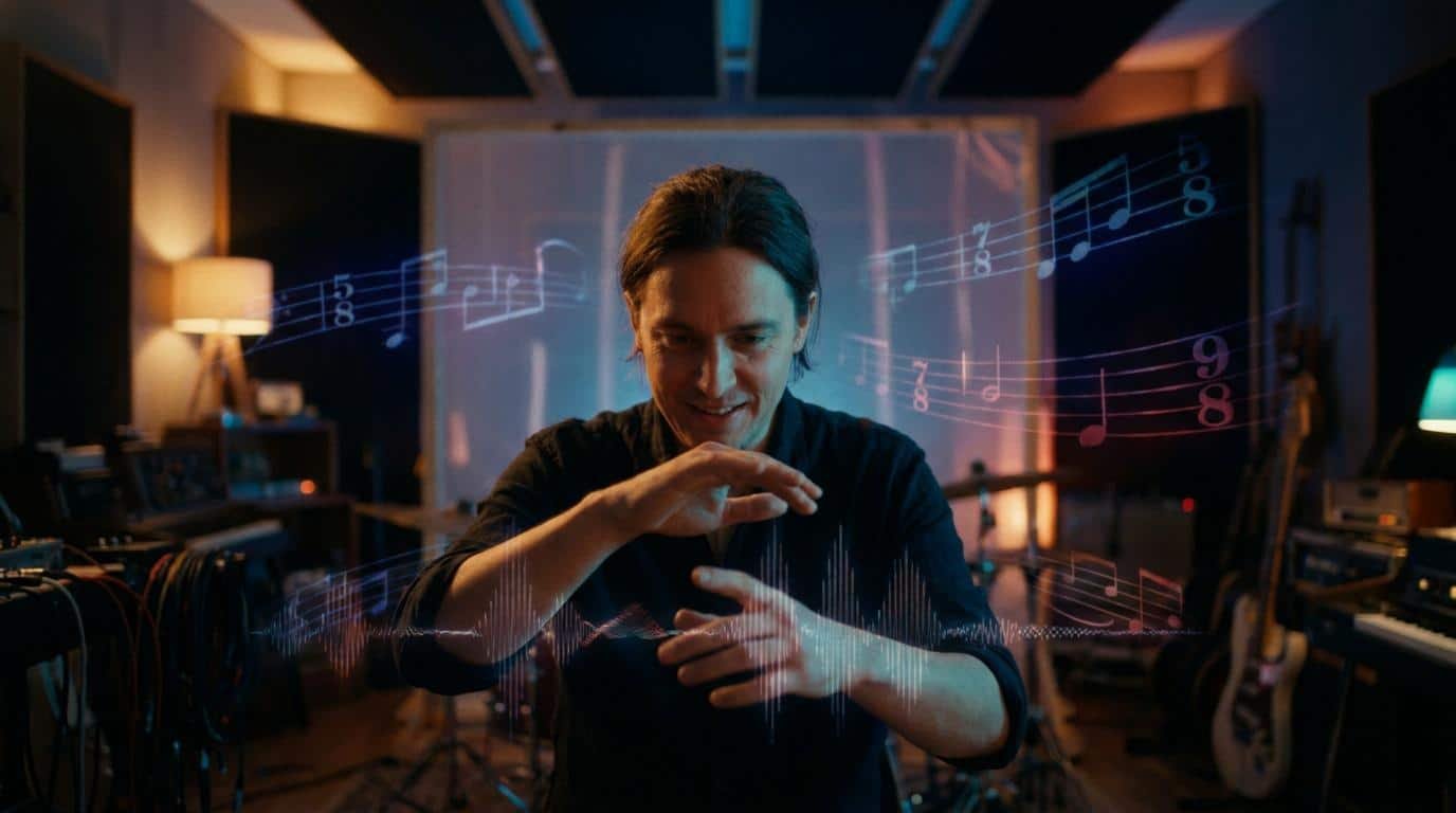Improviser sur des rythmes irréguliers Un musicien manipule des ondes sonores et des partitions complexes flottant dans un studio d'enregistrement.