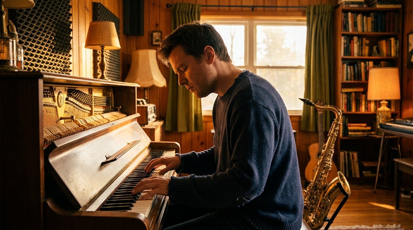 Apprendre l’improvisation jazz au piano Un homme joue du piano dans un studio chaleureux avec une bibliothèque et un saxophone en arrière-plan.
