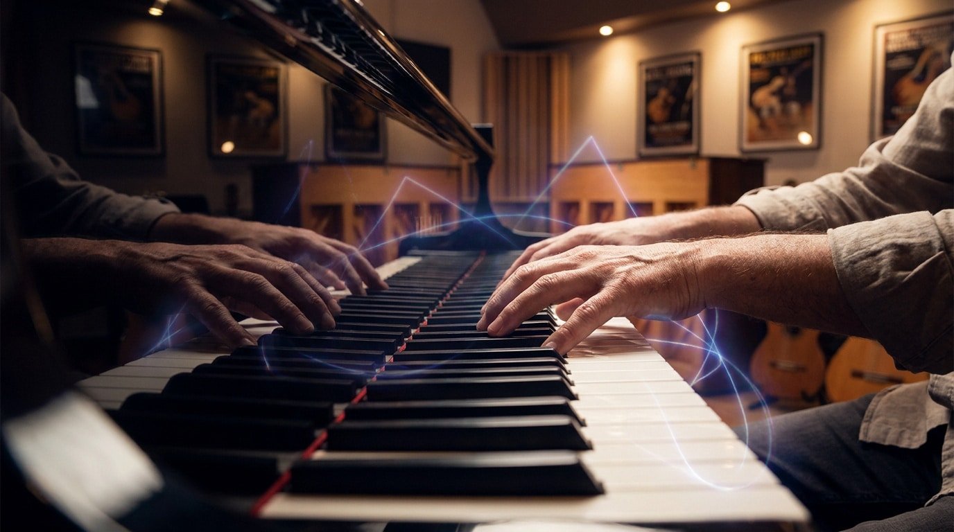 Maîtriser les renversements de triades au piano Gros plan sur les mains d'un pianiste jouant des accords sur un piano, avec des effets de lignes lumineuses bleues.