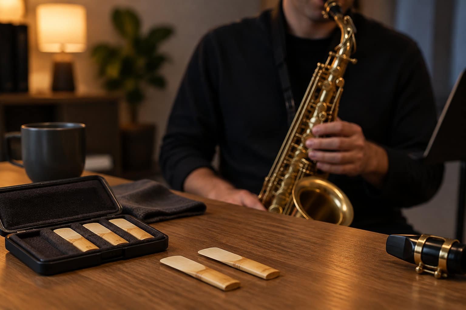 Un musicien tient un saxophone devant un étui ouvert contenant des anches, avec une tasse et un bec de saxophone posés sur une table en bois.